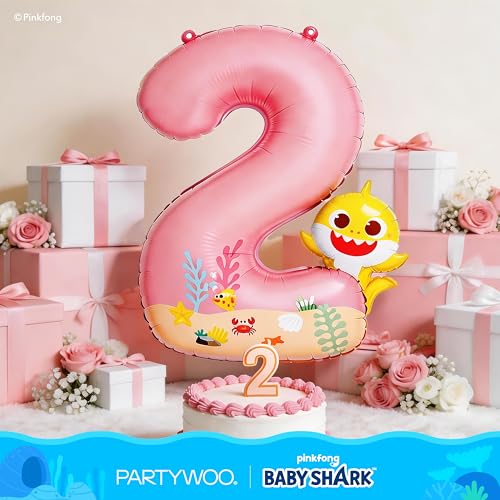 Image of PartyWoo Baby Shark Pink Foil Number 2 Balloon 40 Inch Pink Mylar Helium Birthday Number Balloons for Girls and Boys Baby Shark Under the Sea Ocean Theme Kids Second Birthday Party Decorations