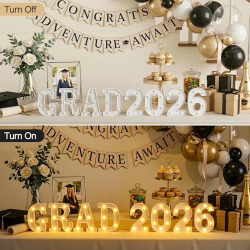 OLANRUN 2026 Graduation Decorations - 8 Pcs LED Marquee Light Up Letters GRAD 2026 for Table & Wall, Class of 2026 Graduation Party Decor Supplies for Kindergarten Preschool High School College, 6.2in