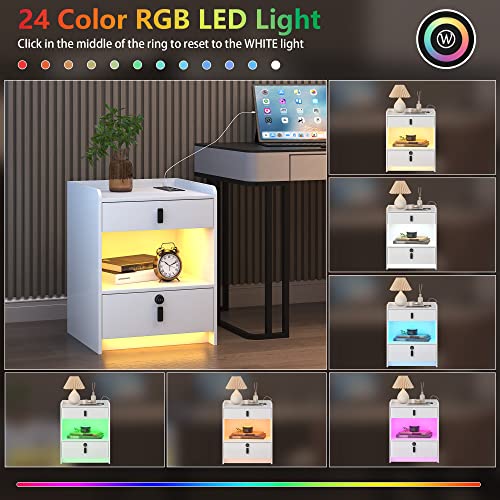 Vlsrka Nightstand With Charging Station, Night Stand With Drawers, Led Nightstands With 24 Rgb Colors, Modern Side Table With Usb Ports And Open Shelf, Bedside Table For Bedroom, Living Room, White #TOP2