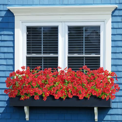 Image of Bassion 16 Bundles Artificial Flowers for Outdoors Fake Flowers, Red | UV resistant, silk flowers, realistic faux plants for outdoor planter, window box porch patio garden home outside decor