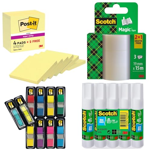 Post-it Notas Super Sticky - Paquete de Regreso a Clases + Pequeñas Banderas Índice Post-it, Paquete de 10 Blocs + Cinta Scotch Magic 3 Rollos + Barra de Pegamento Permanente Scotch - 5 Barras