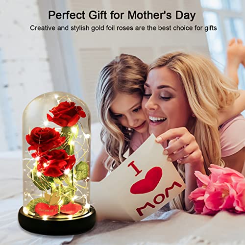 Mothers Day Mom Gifts For Mom, Womans Gifts For Mother Day Decorations Beauty And The Beast Rose Flowers, Artificial Flower Rose Gift Romantic Red Silk Rose,Anniversary Flower In Glass Dome, For Her #TOP5