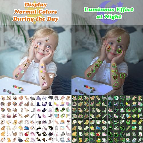 Image of 96 PCS Cat Luminous Glow in The Dark Temporary Tattoos for Kids | Cute Cats Themed Birthday Party Favors, Supplies, Decorations & Fake Animal Paw Stickers for Boys Girls