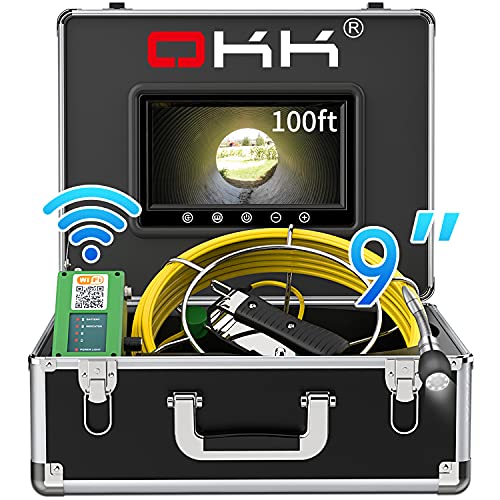 Sewer Camera, 30M Wireless WiFi Pipe Inspection Camera for Android iOS Drain Industrial Endoscope with 9 HD Monitor Snake Camera DVR Recorder Live Video IP68 Waterproof Pipeline Drain Sewer Camera