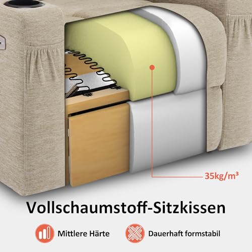 M MCombo Fernsehsessel mit Aufstehhilfe Elektrisch, Verbreiterte Rückenlehne Sessel mit Aufstehhilfe, Massage & Heizung, Relaxsessel mit Liegefunktion bis 145° USB 7102 (Stoff, Beige) – Bild 6