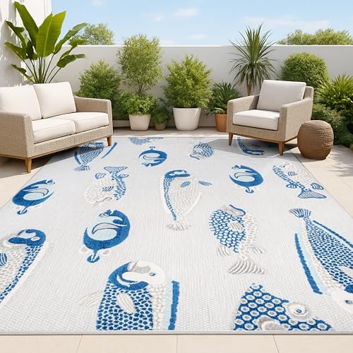 JONATHAN Y Fish High-Low Indoor Outdoor Area Rug 4X6 Gray/Navy, Algarve Modern for Backyard, Patio, Porch, Easy-Cleaning, High Traffic, Pet-Friendly, Non-Shedding (AMC114B-4)