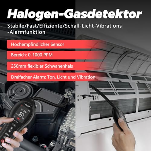Halogendetektor Halogen Gas Detektor Klimaanlage Kältemittel Leck Detektor, 0-1000ppm Halogen Freon Leck Detektor HVAC CFCs HCFCs HFCS R12 R22 R134a R410a mit 25cm Sonde für Gaslecks