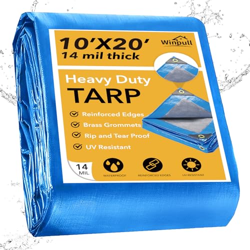 Winpull Tarp 10x20 Feet 14 Mil Heavy Duty Waterproof Tarp Large Multipurpose Cover with Brass Grommets and Reinforced Edges UV Resistant Thick Poly Tarps for Outdoor Camping Tent Pool Car Blue