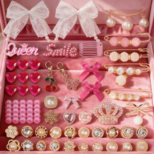 Molirex 80 Pcs Shoe Charms for Sneakers Women Junk Socks Charms Kit with Pearl Shoelace Gold Brooches and Pins, Rhinestone Pink Bows Charm Set — view 3