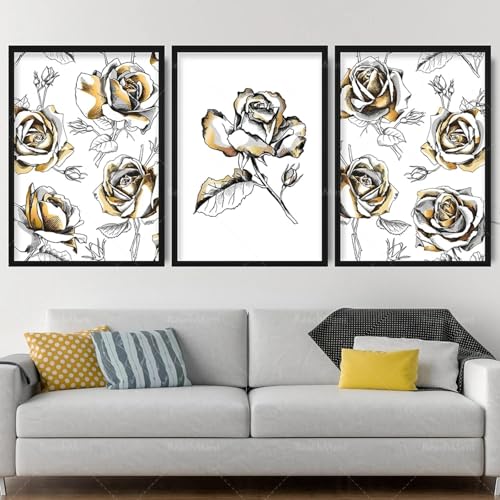 Rose fleur art mural noir et or pour affiches murales salon