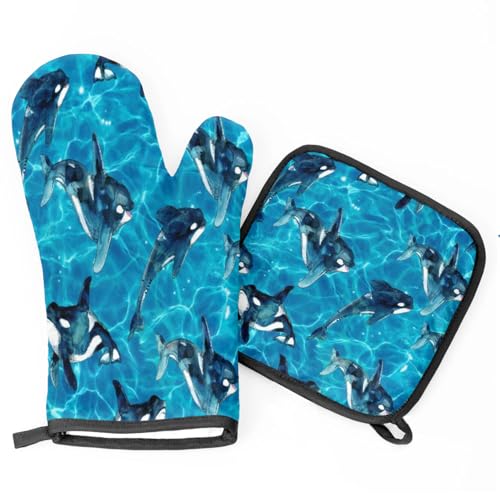 Ocean Whales Oven Mitts Kitchen Oven Gloves for Cooking Baking Heat Proof Lining Cotton Kitchen Potholder Mittens Pot Holders Hot Pads for Chef Women Men