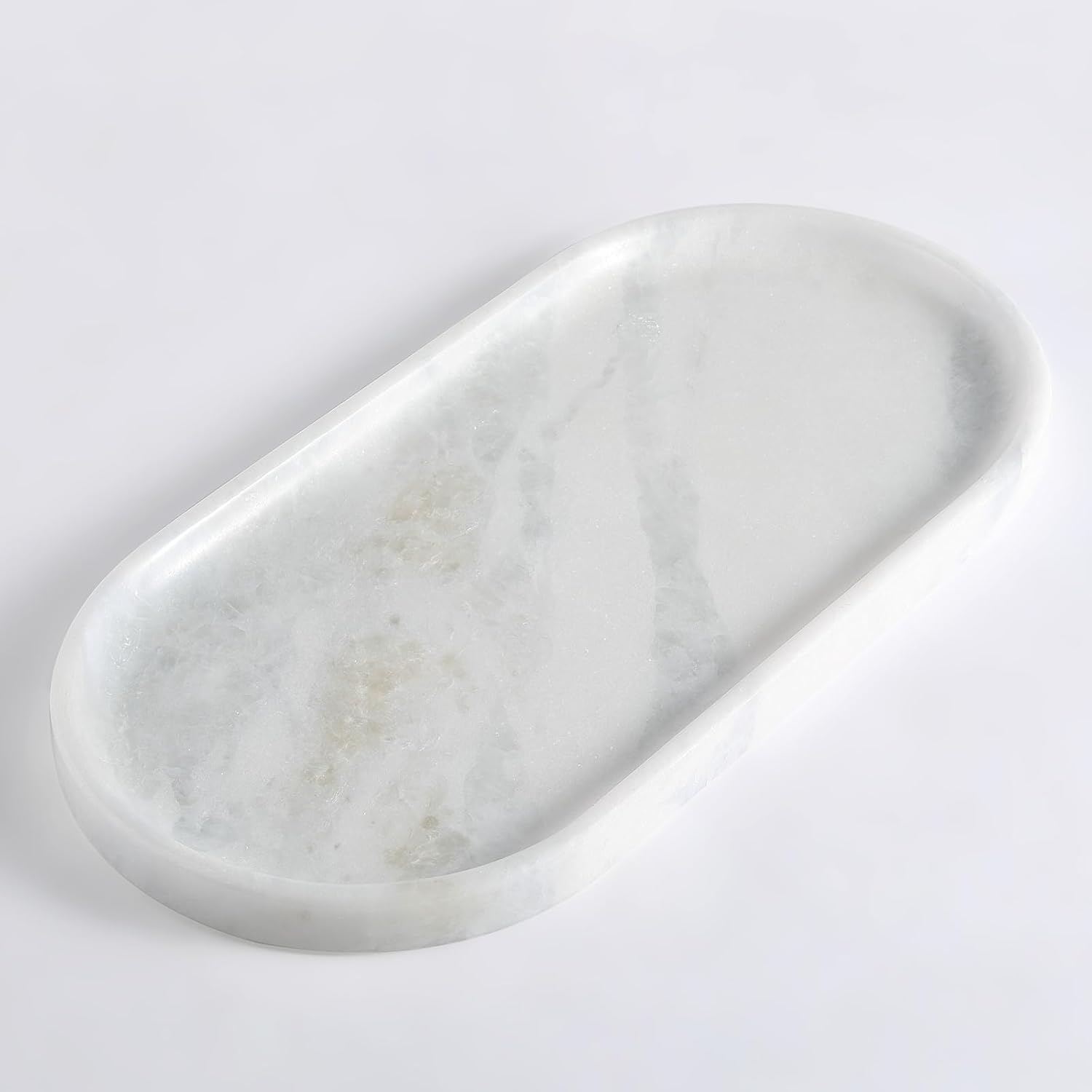 Oval Marble Tray for Kitchen Counter, Natural Stone Vanity Tray for Storage & Display, Elegant White Marble Home Accessories for Foyer, Living Room, Bedroom, Bathroom