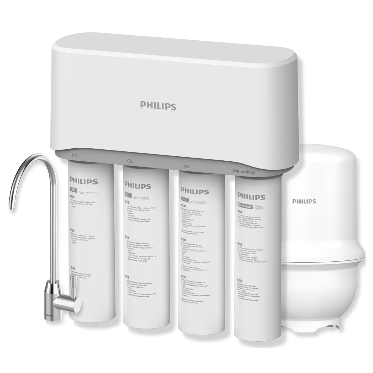 Philips Water 4897099306450 Filtro Grifo, Sistema de Osmosis Inversa Compacto con Tanque 11 Litros, Equilibra el pH del agua filtrada y Mejora el sabor del agua, Facil Instalación, Blanco