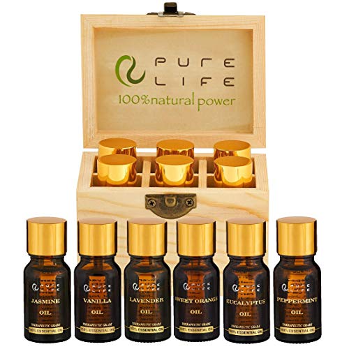 Pure Life Top 6 Essential Oils Set for Diffuser Aromatherapy 100% Organic Fragrance Oil Kit for Humidifier, Fresh & Grade Scents of Lavender, Peppermint, Eucalyptus, Orange, Vanilla, Jasmine