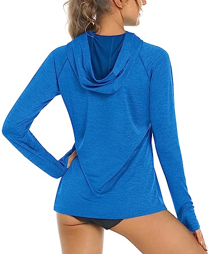 Tacvasen Long Sleeve Hooded Shirts For Women Sun Shirts Uv Protection Lightweight Breathable Workout Hiking Shirts Stretch Sea Blue #TOP22