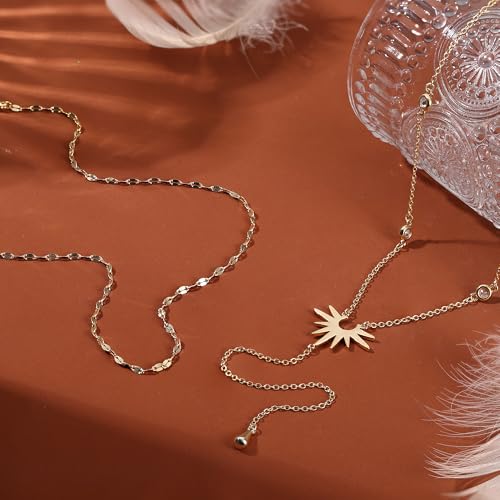 Dochais Dainty Gold Layered Necklace for Women, 14K Gold Plated Y Necklace & Chain, Dainty Lariat Long Necklaces, Trendy Cubic Zirconia Choker, Sun, Heart, Pearl & Cross Pendant Necklace, Jewelry Gift by Dochais - Image 6
