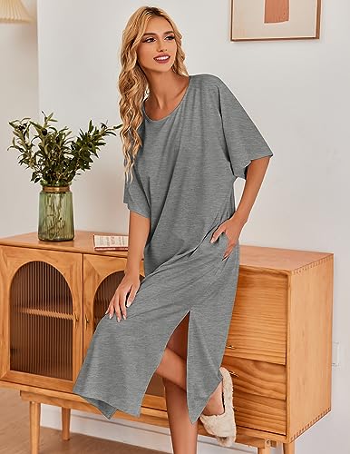 Image of Ekouaer Women's Nightgown Short Sleeve Sleepshirt Long Loungewear Casual Maxi Lounge Dress House Dresses with Pockets