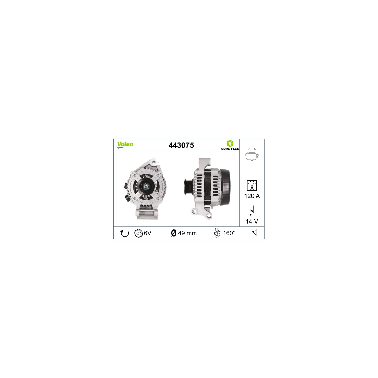 Valeo Alternator 443075-120 Amp - 6 Rowki - 14 V
