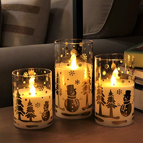 Gold Snowman Design Glass Battery Operated Flameless LED Candles with 6H Timer, Warm White Light, Batteries Included - Set of 3 - Thumbnail 4
