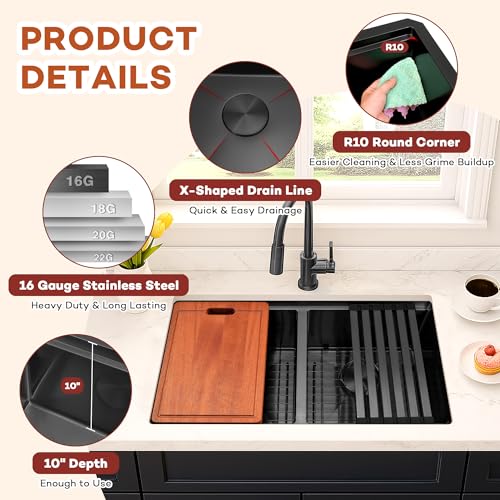 LQS 32 Inch Black Kitchen Sink, 32" x 18" x 10" Large 50/50 Double Bowl Kitchen Sink, Top-Grade 16 Gauge Stainless Steel, R10 Round Corner, Superior Sapele Cutting Board and Practical Accessories by LQS - Image 2