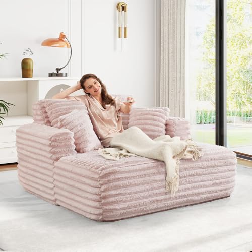 Image of JEEOHEY 56 inch Oversized Chaise Lounge Chair Indoor,Plush Faux Fur Sleeper Sofa Couch Bed with Pillows&Wide Armrests,Fluffy Comfy Cloud Couch,Compression Foam Couch for Living Room,Bedroom(Pink)