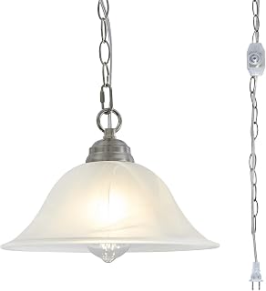SHENGQINGTOP Dimmable Alabaster Glass Plug-in Pendant Light with 16.4ft Cord & 14.7ft Chain - Brushed Nickel Swag Lamp for Kitchen Island Bar Farmhouse