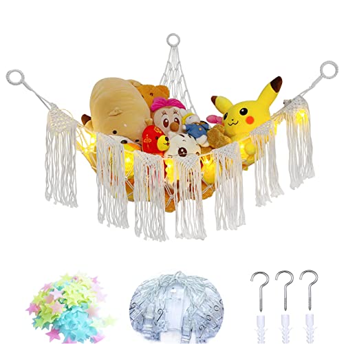 DORAFO 53" Stuffed Animal Hammock Large - Corner Hanging Net for Stuffed Animal with Light & Glow Star Stickers, Plushies Net Hanging Storage for Kids Bedroom