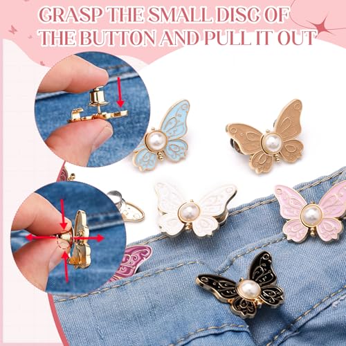 Image of TecoKart 5 Sets Butterfly Jean Buttons Waist Tightener for Loose Pants, No-Sew Adjustable Waist Buckle Clips, Detachable Decorative Jean Button Pins for Women's Jeans & Skirts