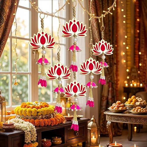 Image of Handcrafted Decorative Wall Decor Lotus Jhumki Hanging Ornament for Ganpati Diwali Navratri and Pooja Setup Home Entrance Mandir Temple Decor Pack of 6