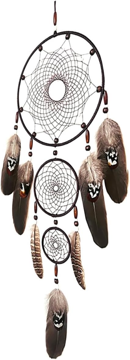 Black 3-Ring Dream Catcher Wall Hanging, Handmade Feather Wind Chime Decoration, Small Size Room Decor Ornament for Bedroom and Living Room