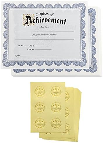 Certificate of Achievement Award and Seal Stickers (Blue, 8.5 x 11 in, 48-Pack)