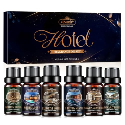 AESHORY Aceites Esenciales Hoteles para Humidificador 6 x 10ML, Juego de Aceite de Fragancia Aromaterapia de Hoteles- Baccarat, The 1 Hotel Miami, Edition, Fairmont, Wynn Las Vegas y White Lotus