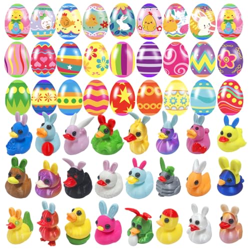 Cherislpy 24 Pcs Prefilled Easter Eggs with 3D Print Easter Ducks Toys Inside for Kids Girls Boys Easter Basket Stuffers Party Favors Gifts Easter Egg Fillers Hunt