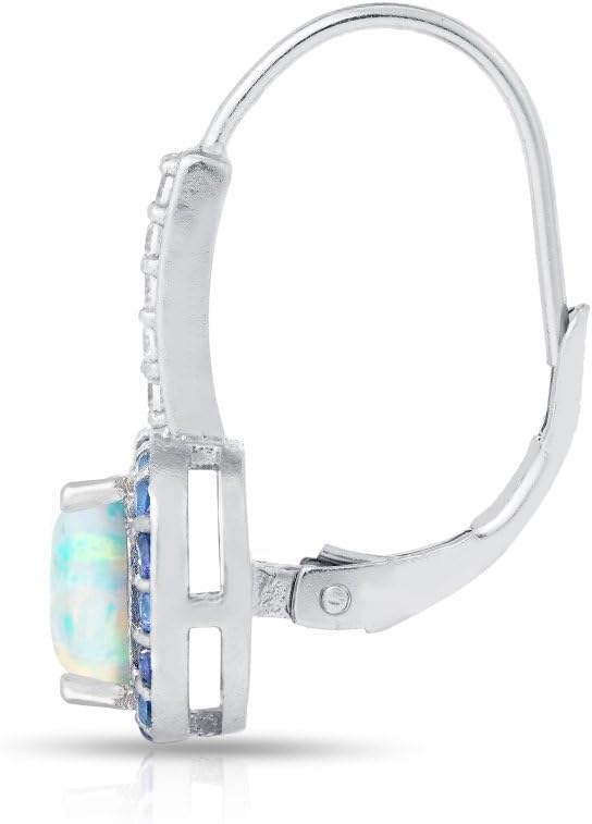 Sterling Silver Synthetic White Opal & Simulated Gemstone Cushion-cut Halo Leverback Drop Earrings for Women - Image 3