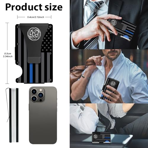 Black & Gray American Flag Engraved, Minimalist Wallet, RFID Blocking Aluminum Slim Wallet With Money Strap (Blue Line with Money Clip)2