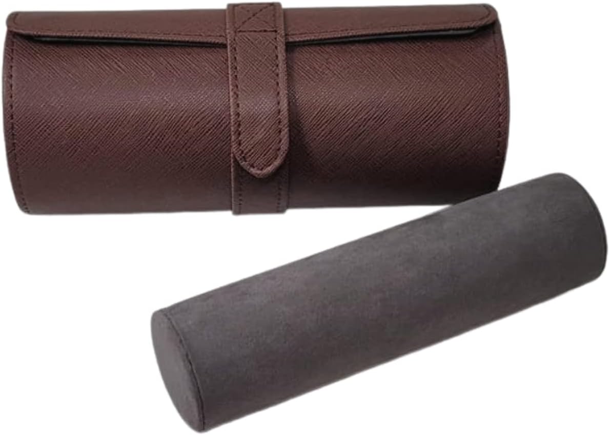 TIMELYBUYS Deluxe Brown Saffiano 3 Watch Bangle Bracelet Travel Watch Case and Jewelry Roll Father's Day Gift