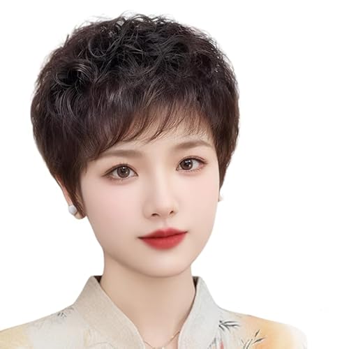 IXYPHALM 中高年フルウィッグ 斜め前髪 レディーズ 手植え 人毛 女性用 母のウィッグ カール パーマ ふんわり 脱毛用 白髪隠し 自然 おしゃれ 自然 通気 医療用 wig (ダークブラウン)