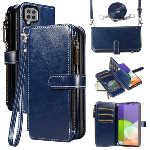 Coque Samsung Galaxy M32 Étui Rabat Cuir Bleu Anti-Chute avec Chaîne de Transport