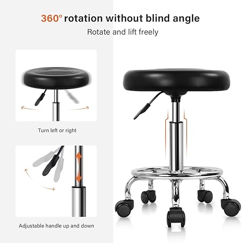 Vista 12 de KKTONER Taburete redondo moderno de piel sintética con reposapiés, altura ajustable, spa, salón de dibujo, tatuaje, trabajo, masaje, silla de Blanco