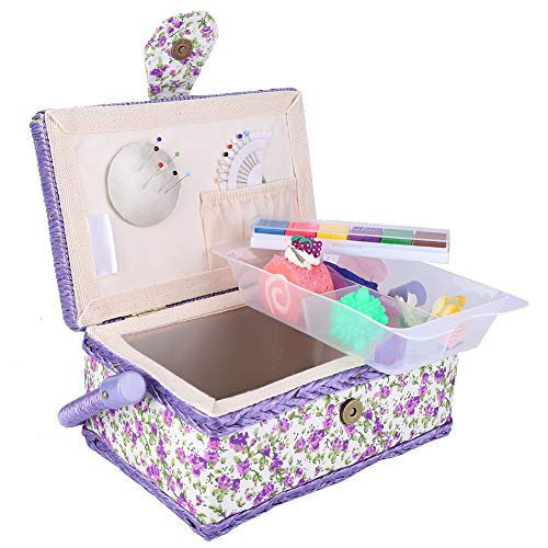 Large Sewing Basket, Vintage Sewing Tool Organizer Box For Storing Needles Thread, Sewing Basket With Handle & Removable Tray, Flower Pattern,Purple #TOP3