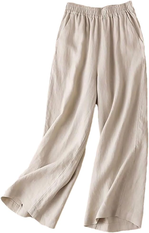 Women Spring Summer Wide Leg Elastic Waist Linen Comfortable Soft Loose Trousers