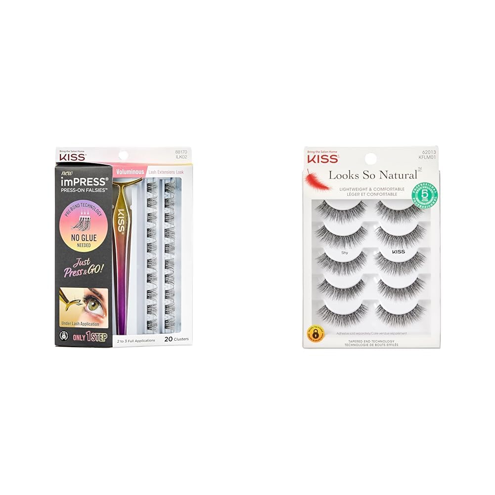 KISS imPRESS Falsies Lash Clusters, Voluminous', 14 mm, 20 Clusters & Looks So Natural Strip Lashes, Shy', 12 mm, 5 Pairs
