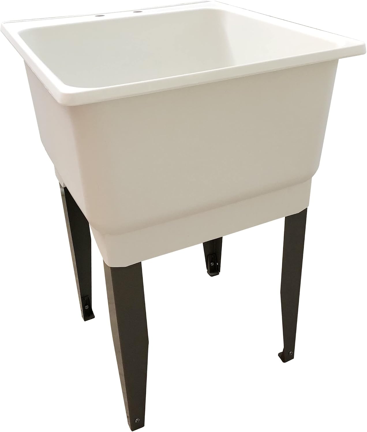 Free Standing Laundry Tub White Utility Sink Basin Fixture with Floor Mount Grey Steel Legs, 23 in. Wide, 25 in. Long, 15 in. Height, 4 in. Center set Holes