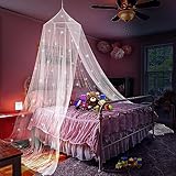 White Princess Bed Canopy for Girls with Glow in The Dark Stars, Canopy Net Fits Most Single, Twin, Full and Queen Size Bed, Room Decor, Kids Bedroom Accessories