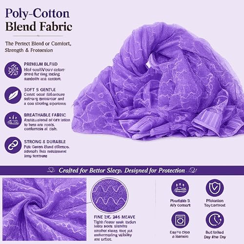 Image of Mosquito Net for King Size Bed & Double Bed (6x7 ft, Wall /Hook Hanging) Poly-Cotton Blend Fabric with Zigzag Wave Line Pattern, Pre-Fitted Bottom & Cotton Ribbon (Frame Not Included-Royal Violet)