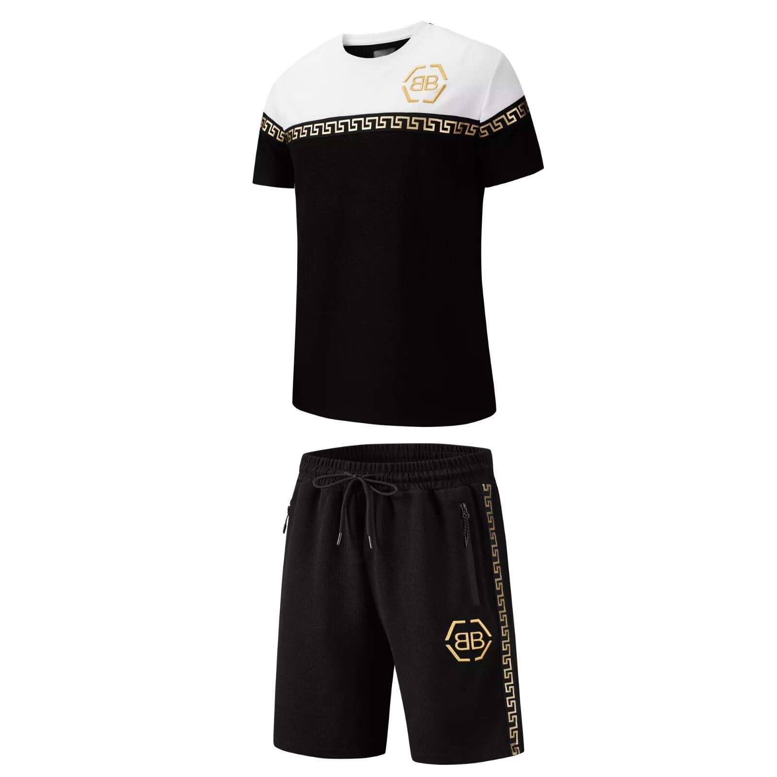Vibes Men's T-Shirt & Shorts Set BB Mens Summer Tracksuit Textured Waffle Material Short and T Shirt Summers Outfit for Men Size S M L XL XXL (Black, L)