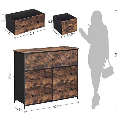 Songmics Industrial Wide Dresser, Storage Tower With 7 Fabric Drawers, Metal Frame, Wooden Top And Front, Rustic Brown + Black #TOP2