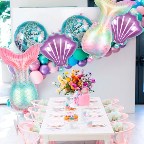Image of 6 Pcs Mermaid Balloons, SeaShell Foil Balloons, Mermaid Tail Mylar Balloons for Sea Ocean Themed Birthday Party Decorations Baby Shower (Pack of 2)