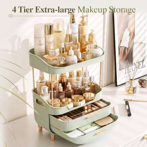 Image of 4-Tier Makeup Organizer Bathroom Countertop Storage Green | Versatile Storage for Vanity, Desk, Bedroom, Holds Lipstick, Perfume, Skincare, Mask, Cosmetics