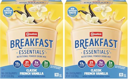 Image of Carnation Breakfast Essentials Powder Drink Mix, Classic French Vanilla, 10 Count Box of 1.26 Ounce Packets, (Pack of 12)
